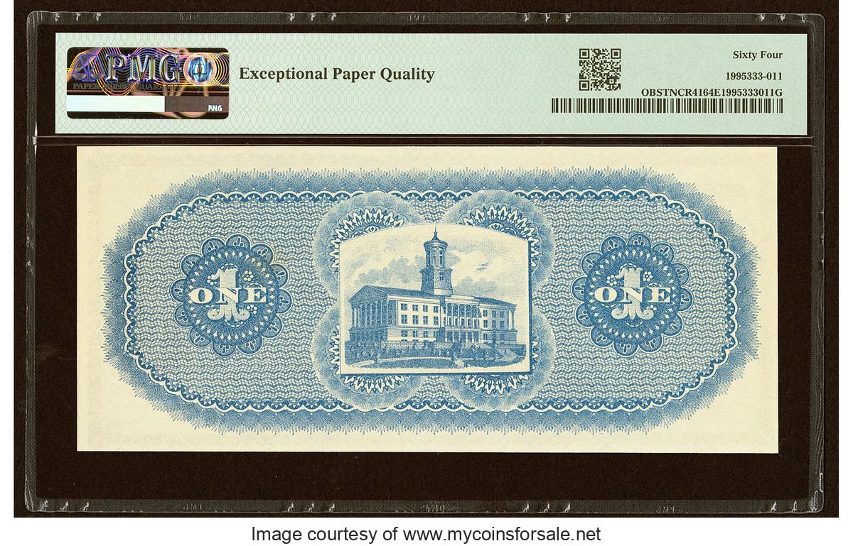 1885 Nashville, TN- State of Tennessee $1 Oct. 1, 1885 Cr. 41 Remainder PMG Choice Uncirculated 64 EPQ. - Back