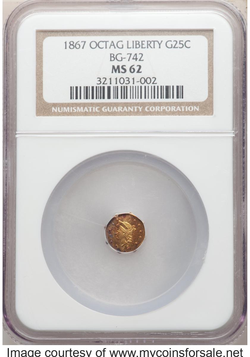 1867 25C Liberty Head Octagonal 25 Cents, BG-742, Low R.7, MS62.