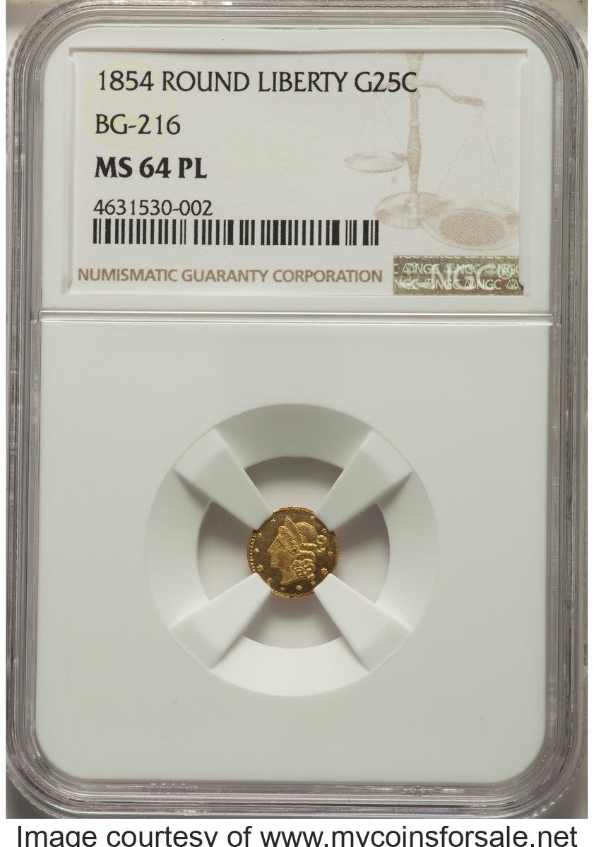 1854 25C Liberty Round 25 Cents, BG-216, R.6, MS64 Prooflike.
