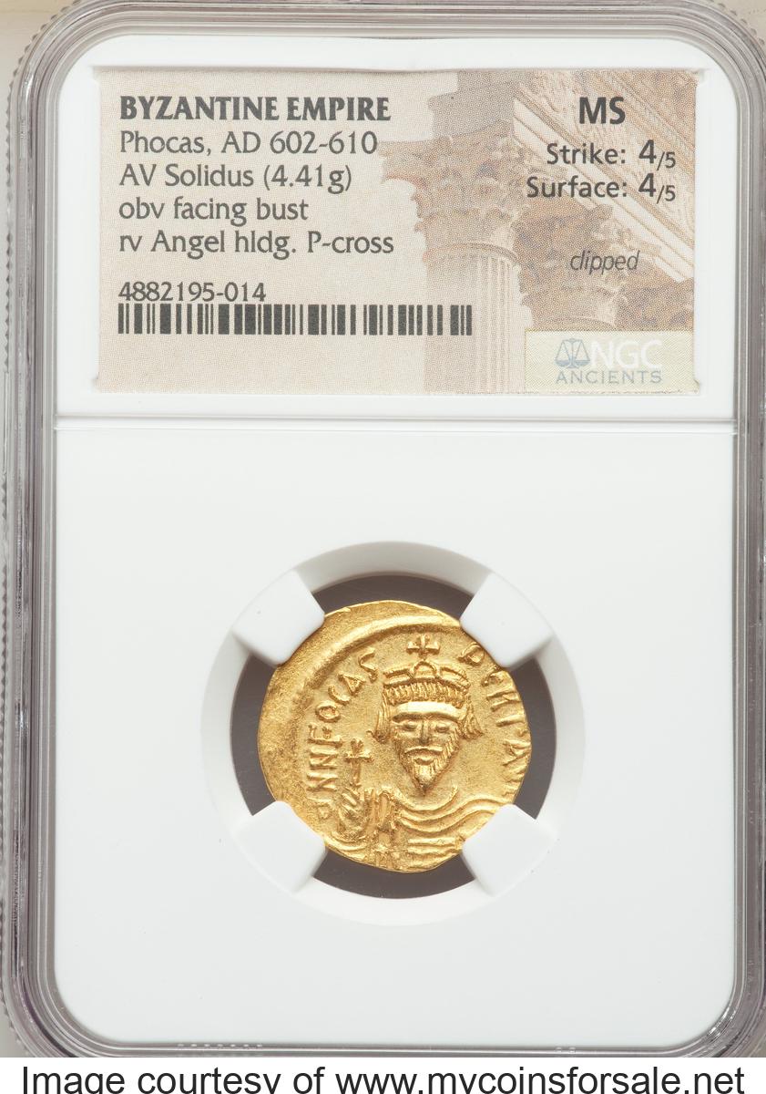 Ancients: Phocas (AD 602-610). AV solidus (21mm, 4.41 gm, 6h). NGC MS 4/5 - 4/5, clipped.