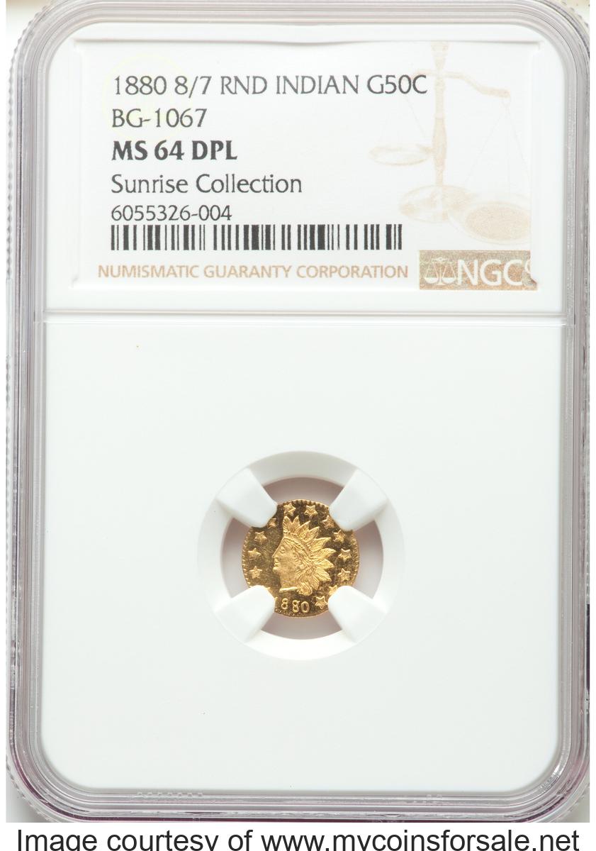 1880/70 50C Indian Round 50 Cents, BG-1067, Low R.4, MS64 Deep Prooflike NGC. Ex: Sunrise Collection. NGC Census: (2/6).