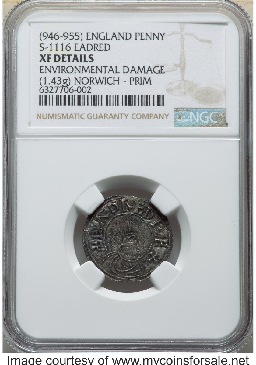Great Britain: Kings of All England. Eadred (946-955) Penny ND (946-955) XF Details (Environmental Damage) NGC - Front