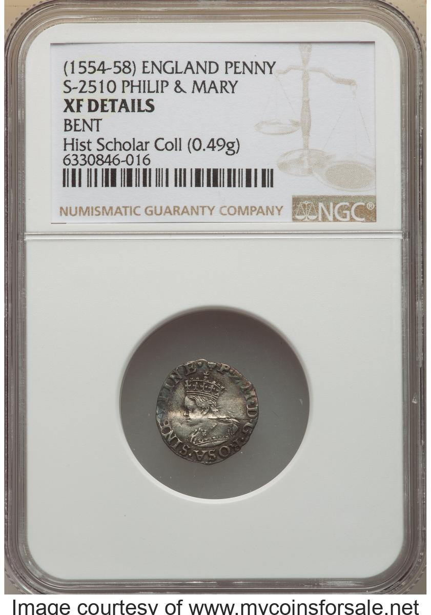 Great Britain: Philip II of Spain & Mary (1554-1558) Penny ND (1553-1554) XF Details (Bent) NGC