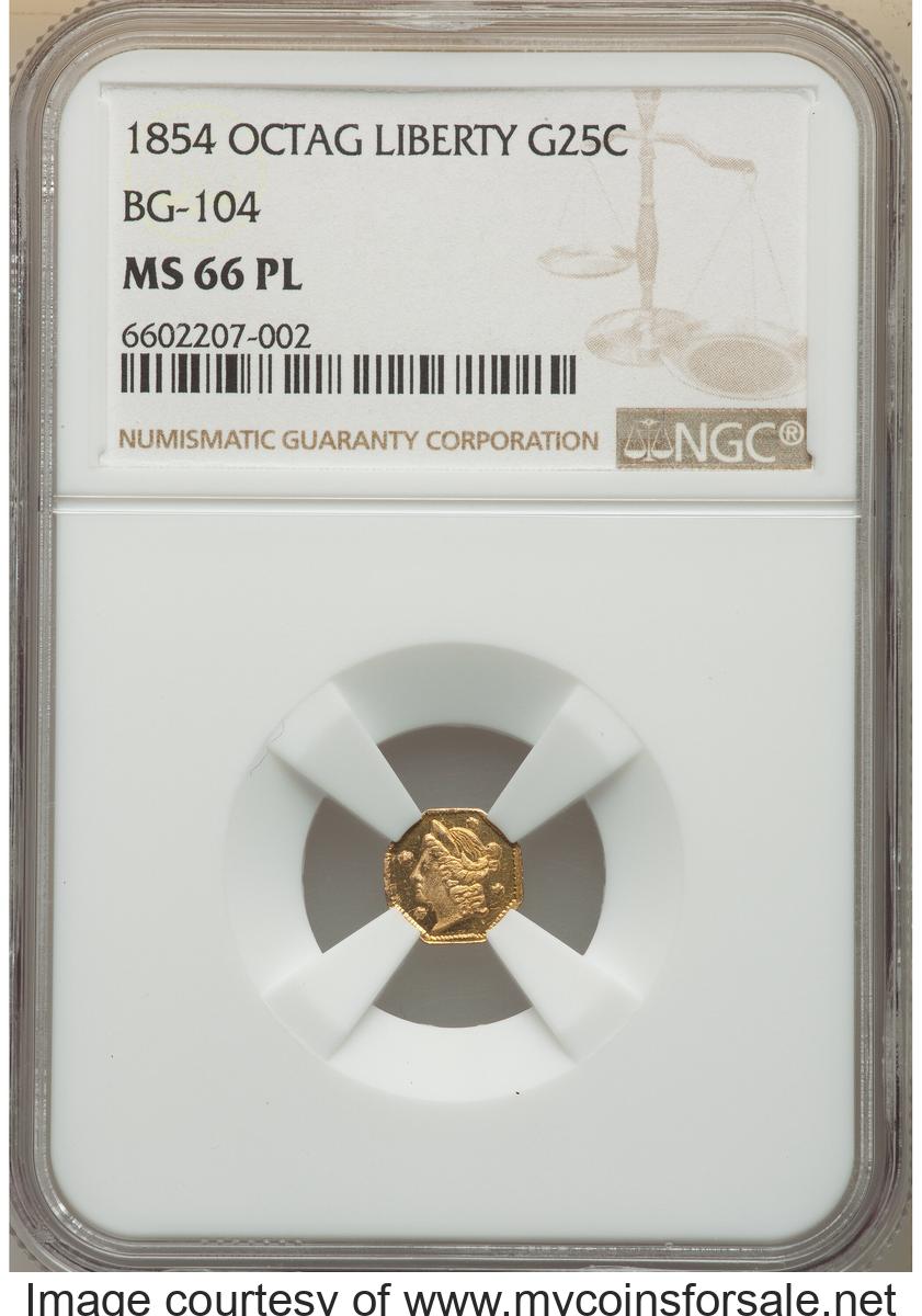 1854 25C Liberty Octagonal 25 Cents, BG-104, R.4, MS66 Prooflike NGC - Front