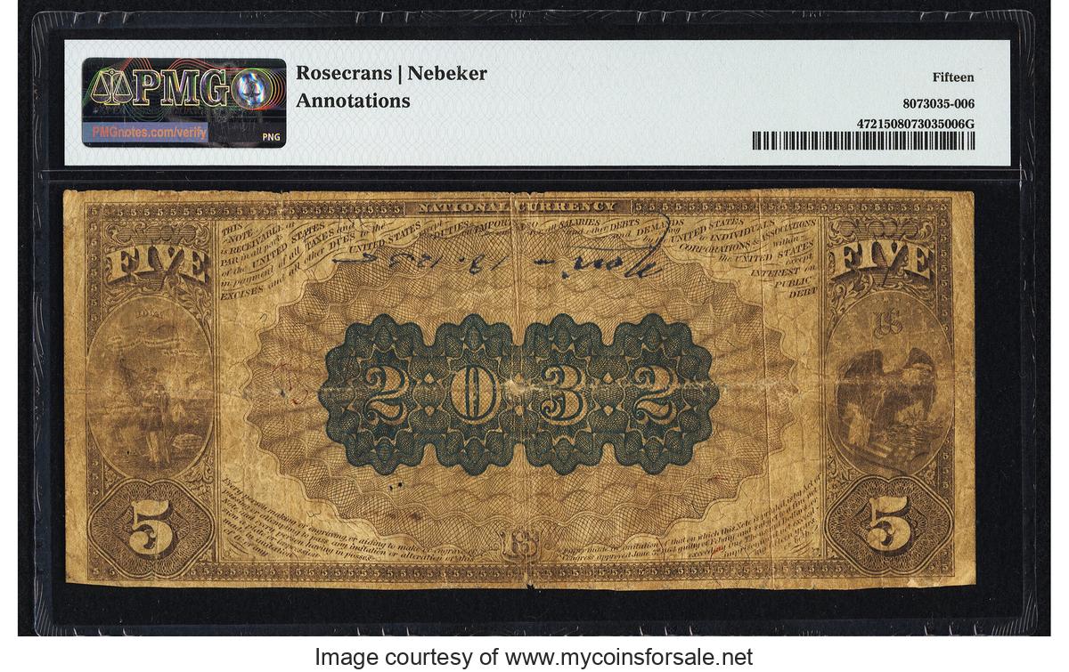 1882 Columbus Junction, IA - $5 1882 Brown Back Fr. 472 The Louisa County National Bank Ch. # (M)2032 PMG Choice Fine 15 - Back